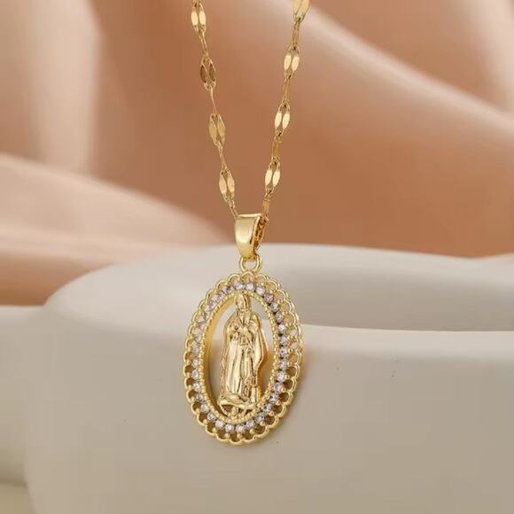 Gold Plated Virgin Mary Necklace CZ Diamonds Lady of Guadalupe Birthday Gift NEW - Picture 5 of 7